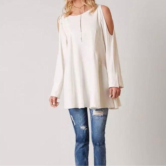 Free People Mini Dress Top Cold Shoulder Ivory White beach longsleeve size Small - Picture 4 of 8